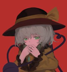 Rule 34 | 1girl, blush, buttons, collared shirt, commentary, covering own mouth, eyeball, frilled shirt collar, frilled sleeves, frills, green eyes, grey hair, hands up, hat, hat ribbon, heart, heart of string, highres, komeiji koishi, long sleeves, one eye closed, own hands together, red background, ribbon, shirt, short hair, shy, sideways glance, simple background, solo, string, third eye, touhou, upper body, wavy hair, wide sleeves, xii yashizhongzhan, yellow ribbon, yellow shirt
