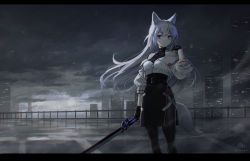 Rule 34 | 1girl, animal ears, bare shoulders, belt, belt buckle, black dress, black gloves, black pantyhose, breasts, buckle, building, cloud, cloudy sky, collarbone, cropped jacket, dress, feet out of frame, fingerless gloves, gloves, hand up, holding, holding sword, holding weapon, jacket, letterboxed, long hair, long sleeves, looking at viewer, medium breasts, nekokan masshigura, off shoulder, original, outdoors, pantyhose, partially unzipped, pelvic curtain, purple eyes, rooftop, signature, silver hair, sky, solo, standing, sword, tail, twitter username, very long hair, weapon, white jacket, zipper pull tab