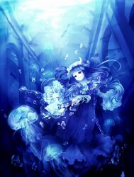 Rule 34 | 1girl, blue theme, book, bow, bowtie, bracelet, breasts, bubble, bun cover, closed mouth, commentary request, crescent, crescent hat ornament, double bun, dress, eyelashes, fish, floating hair, frilled dress, frilled hat, frilled sleeves, frills, hair bun, half-closed eyes, hanada hyou, hat, hat bow, hat ornament, highres, indoors, jellyfish, jewelry, library, long dress, long hair, long sleeves, medium breasts, mob cap, open book, outstretched arm, patchouli knowledge, pearl bracelet, robe, smile, solo, striped clothes, striped dress, telekinesis, touhou, turning page, underwater, vertical-striped clothes, vertical-striped dress, very long hair