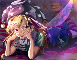 Rule 34 | 1girl, american flag dress, american flag legwear, blonde hair, clownpiece, dress, earrings, fairy, fairy wings, frilled shirt collar, frills, hat, hizagawa rau, jester cap, jewelry, long hair, lying, on stomach, pantyhose, short sleeves, solo, tongue, tongue out, touhou, very long hair, wings