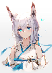 Rule 34 | 1girl, animal ears, azur lane, bare shoulders, blue eyes, blue ribbon, detached sleeves, fox ears, fox girl, hair between eyes, hair ornament, hair up, head tilt, highres, japanese clothes, kawakaze (azur lane), kawakaze (unsullied white fox) (azur lane), kimono, long hair, looking at viewer, official alternate costume, ribbon, ribbon-trimmed clothes, ribbon trim, sash, second-party source, simple background, solo, uchikake, upper body, white background, white hair, white kimono