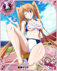 Rule 34 | 10s, 1girl, artist request, blonde hair, breasts, card (medium), character name, chess piece, cleavage, covered erect nipples, high school dxd, high school dxd infinity, large breasts, long hair, midriff, no socks, official art, purple eyes, rook (chess), shidou irina, shoes, sneakers, solo, twintails, very long hair