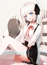 Rule 34 | 1girl, :d, absurdres, bad id, bad pixiv id, between legs, black choker, black ribbon, black skirt, blue eyes, blush, breasts, choker, collared shirt, commentary request, commission, copyright request, dress shirt, feet out of frame, from side, gya (144), hair ribbon, hand between legs, highres, knee up, long hair, long sleeves, looking at viewer, medium breasts, miniskirt, neck ribbon, open mouth, pillow, pleated skirt, red ribbon, ribbon, shirt, shirt tucked in, sitting, skindentation, skirt, sleeves rolled up, smile, solo, striped pillow, thighhighs, twintails, white hair, white shirt, white thighhighs, zettai ryouiki