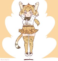 Rule 34 | 1girl, animal ears, arms up, belt, blonde hair, bow, bowtie, brown background, coroha, elbow gloves, extra ears, full body, gloves, jaguar (kemono friends), jaguar ears, jaguar girl, jaguar print, jaguar tail, jumping, kemono friends, looking at viewer, shirt, shoes, short hair, simple background, skirt, solo, tail, thighhighs