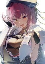 Rule 34 | 1girl, absurdres, adjusting hair, bare shoulders, beret, black bra, black gloves, black hat, bra, breasts, choker, cleavage, fangs, fingerless gloves, gloves, hat, heterochromia, highres, hololive, houshou marine, houshou marine (businesswoman), jacket, jacket on shoulders, jewelry, kamatoyu, large breasts, looking at viewer, necklace, official art, open mouth, red eyes, red hair, see-through, short hair, sleeveless, smile, solo, underwear, virtual youtuber, yellow eyes