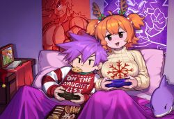 Rule 34 | 1boy, 1girl, antlers, bed sheet, bedroom, benzbt, boyfriend (friday night funkin&#039;) (d-sides), breasts, coat, controller, cookie, deer antlers, food, friday night funkin&#039;, friday night funkin&#039; (d-sides), game controller, girlfriend (friday night funkin&#039;) (d-sides), hatsune miku (d-sides), head rest, highres, holding, holding controller, holding game controller, horns, indoors, medium breasts, on bed, orange hair, pajamas, picture frame, playing games, poster (object), purple hair, sensei (friday night funkin&#039;) (d-sides), short hair, short ponytail, stuffed animal, stuffed shark, stuffed toy, vocaloid, wireless game controller