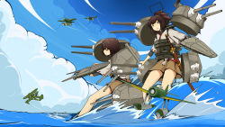 Rule 34 | 10s, 2girls, absurdres, aircraft, airplane, biplane, brown hair, cloud, cowinsky, day, highres, hyuuga (kancolle), ise (kancolle), kantai collection, multiple girls, ocean, personification, ponytail, ribbon-trimmed sleeves, ribbon trim, seaplane, sheath, sky, turret, vehicle, water, waves