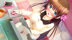 Rule 34 | 1girl, amano rei, blush, breasts, brown hair, cellphone, chair, computer, cup, female focus, female masturbation, game cg, giga (company), keyboard, large breasts, legs, long hair, looking away, masturbation, mouse (computer), multicolored eyes, nironiro, open mouth, phone, pussy juice, ren&#039;ai phase, sitting, skirt, solo, table, thighs, wet