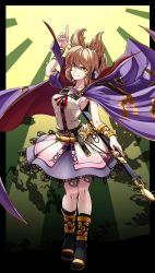 Rule 34 | 1girl, absurdres, anklet, belt, black belt, black sailor collar, black socks, bracelet, breasts, cape, closed mouth, commentary request, earmuffs, fingernails, full body, gold, gold footwear, happy, highres, jewelry, kikoka (mizuumi), light brown hair, looking at viewer, neck ribbon, pointing, pointing up, pointy hair, purple cape, purple skirt, red cape, red ribbon, ribbon, ritual baton, sailor collar, sandals, sheath, shirt, short hair, skirt, sleeveless, sleeveless shirt, small breasts, smile, socks, standing, sword, touhou, toyosatomimi no miko, two-tone cape, weapon, yellow eyes