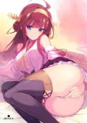 Rule 34 | 10s, 1girl, ass, bad id, bad pixiv id, bare shoulders, blue eyes, brown hair, covering privates, covering crotch, double bun, hair bun, hairband, headgear, kantai collection, kongou (kancolle), long hair, looking at viewer, lying, minono aki, nontraditional miko, on side, panties, skirt, solo, thighs, underwear