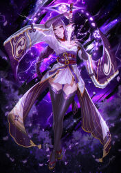 Rule 34 | 1girl, absurdres, braid, breasts, cleavage, drawing sword, electricity, genshin impact, highres, holding, holding sword, holding weapon, honey brush, human scabbard, japanese clothes, kimono, looking at viewer, low-braided long hair, low-tied long hair, medium breasts, mole, mole under eye, purple eyes, purple hair, purple kimono, raiden shogun, sword, thighhighs, weapon