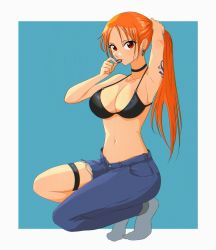 Rule 34 | 1girl, asymmetrical clothes, asymmetrical legwear, bare shoulders, bikini, bikini top only, black choker, blue background, breasts, choker, cleavage, commentary, denim, earrings, english commentary, eyelashes, highres, jewelry, large breasts, long hair, looking at viewer, nami (one piece), navel, one piece, opalis, orange eyes, orange hair, pants, ponytail, socks, solo, swimsuit, tattoo, tying hair