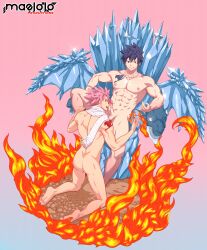 Rule 34 | 2boys, abs, absurdres, arm tattoo, artist name, ass, bara, barefoot, black hair, chest tattoo, completely nude, erection, fairy tail, fire, gray fullbuster, highres, ice, jewelry, kneeling, large pectorals, looking at another, magic, male focus, mazjojo, multiple boys, muscular, muscular male, naked scarf, natsu dragneel, navel, necklace, nipples, nude, pectorals, penis, penis on face, pink hair, scarf, short hair, sitting, smile, soles, tattoo, thighs, throne, toes, white scarf, yaoi