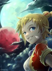 Rule 34 | 1girl, blonde hair, blue eyes, breasts, chrono cross, cloud, facial mark, high ponytail, jewelry, kid (chrono cross), long hair, looking at viewer, moon, multi-tied hair, necklace, nyaasora, ponytail, smile, solo, vest