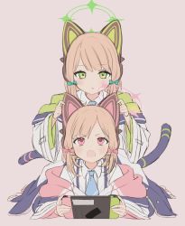 Rule 34 | &gt;:(, 2girls, animal ear headphones, blonde hair, blouse, blue archive, blue necktie, blush, bow, cat ear headphones, cat tail, commentary, fake animal ears, green eyes, green skirt, hair bow, halo, headphones, highres, jacket, looking up, lying, mechanical tail, midori (blue archive), momoi (blue archive), multiple girls, necktie, nehan (gedatsu nehan), nintendo switch, off shoulder, on person, on stomach, open mouth, parted lips, pink bow, pink eyes, shirt, siblings, sisters, skirt, tail, v-shaped eyebrows, white jacket, white shirt