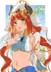 Rule 34 | 1girl, absurdres, aqua eyes, breasts, brooch, clothing cutout, crop top, genshin impact, gold trim, harem outfit, highres, horns, jewelry, long hair, long sleeves, looking at viewer, medium breasts, navel, neck ring, nilou (genshin impact), open mouth, puffy long sleeves, puffy sleeves, red hair, shrug (clothing), sideboob, solo, stomach, takeno omoti, twintails, veil, wet