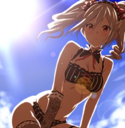 Rule 34 | 10s, 1girl, backlighting, bikini, black bikini, blush, breasts, clearite, cleavage, cross-laced clothes, day, detached collar, drill hair, elbow gloves, gloves, hair ribbon, highres, idolmaster, idolmaster cinderella girls, kanzaki ranko, lens flare, long hair, medium breasts, open mouth, outdoors, red eyes, ribbon, silver hair, sky, solo, striped, sun, swimsuit, thighhighs, twin drills, twintails, vertical stripes