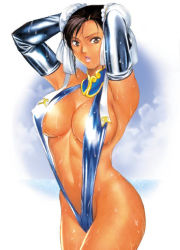 Rule 34 | 1girl, :o, adapted costume, armpits, arms behind head, arms up, black hair, breasts, brown eyes, brown hair, bun cover, capcom, chun-li, cleavage, cloud, covered erect nipples, curvy, double bun, elbow gloves, gloves, grey eyes, hair bun, homare (fool&#039;s art), large breasts, looking at viewer, ocean, one-piece swimsuit, open mouth, outdoors, ribbon, shiny clothes, sideboob, sky, slingshot swimsuit, solo, standing, street fighter, sweat, swimsuit, tan, turtleneck, water, wet