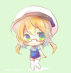 Rule 34 | 1girl, aqua background, blonde hair, blush, breasts, chibi, full body, glasses, green eyes, hat, i-8 (kancolle), kantai collection, kou hiyoyo, large breasts, looking at viewer, low twintails, name tag, one-piece swimsuit, peaked cap, red-framed eyewear, sailor hat, school swimsuit, semi-rimless eyewear, solo, standing, swimsuit, thighhighs, twintails, twitter username, under-rim eyewear, white thighhighs