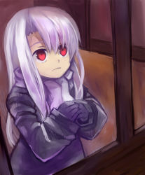 Rule 34 | 1girl, bad id, bad pixiv id, coat, fate/zero, fate (series), gloves, illyasviel von einzbern, long hair, looking outside, red eyes, solo, white hair, window, yoshiroad