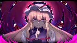 Rule 34 | 1girl, absurdres, blonde hair, bow, commentary, disembodied eye, dress, english commentary, finger to mouth, gap (touhou), hair bow, hat, hat ribbon, highres, lightgrazer, long hair, looking at viewer, mob cap, portrait, purple eyes, purple tabard, red bow, red ribbon, ribbon, shushing, solo, tabard, touhou, white dress, white hat, yakumo yukari
