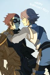 Rule 34 | 2boys, ai-wa, armor, blue background, blush, brown eyes, clenched teeth, domino mask, earrings, eye contact, fire emblem, fire emblem awakening, gerome (fire emblem), grey hair, happy birthday, inigo (fire emblem), jewelry, looking at another, male focus, mask, multiple boys, nintendo, red hair, single earring, sweat, teeth, yaoi