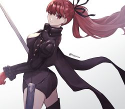 Rule 34 | ass, boots, breasts, cleavage, jacket, persona, persona 5, ponytail, pppppknw, red hair, sheath, sword, thigh boots, weapon, yoshizawa kasumi