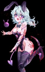 1girl :d alternate_costume animal_ears bare_shoulders black_background black_footwear black_leotard black_thighhighs blood blood_drip blood_in_hair blood_on_arm blood_on_breasts blood_on_clothes blood_on_face blood_on_leg blush bow bowtie breasts cleavage clothing_cutout commentary_request crazy_eyes crazy_smile curvy detached_collar diamond_(shape) eyelashes eyes_visible_through_hair fake_animal_ears fake_tail floating_hair floral_print foot_out_of_frame foot_up furrowed_brow garter_straps green_bow green_bowtie green_eyes green_hair groin hair_between_eyes hand_up heart heart-shaped_ornament heart-shaped_pupils high_heels highleg highleg_leotard highres implied_murder komeiji_koishi leotard looking_at_viewer medium_breasts medium_hair navel navel_cutout nomayo open_mouth pink_pupils playboy_bunny print_thighhighs rabbit_ears rabbit_tail rose_print simple_background skindentation smile solo standing standing_on_one_leg strapless strapless_leotard symbol-shaped_pupils tail thighhighs thighs third_eye touhou wavy_hair weapon weapon_request white_wrist_cuffs wrist_cuffs