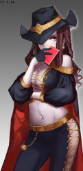 Rule 34 | 1girl, absurdres, card, dice, gender request, genderswap, hat, highres, league of legends, long hair, midriff, navel, red eyes, solo, twisted fate