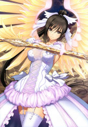 Rule 34 | 10s, 1girl, absurdres, arrow (projectile), bare shoulders, bow (weapon), breasts, brown eyes, brown hair, cleavage, covered navel, dress, elbow gloves, garter straps, gloves, hair ornament, highres, large breasts, long hair, looking at viewer, maxima sakuya enfield, ponytail, scan, see-through, sega, shining (series), shining hearts, smile, solo, thighhighs, tony taka, very long hair, weapon, white dress, white gloves, white thighhighs, wings