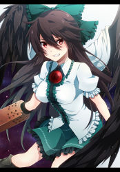 Rule 34 | 1girl, arm cannon, black hair, bow, cape, fang, female focus, grin, hair bow, highres, keita (tundereyuina), letterboxed, long hair, red eyes, reiuji utsuho, skirt, smile, solo, third eye, touhou, weapon, wings
