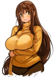 Rule 34 | 1girl, blush, breasts, brown hair, character request, copyright request, eyebrows, green eyes, large breasts, long hair, long sleeves, sachito, simple background, solo, sweater, thick eyebrows, turtleneck, very long hair, white background