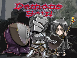 Rule 34 | 1boy, 1girl, anklet, armor, barefoot, belt, black hair, boots, cape, chibi, demon&#039;s souls, dress, dual wielding, feet, from software, helmet, holding, jewelry, knight, maiden in black, ministerlive, phalangeal, shield, short hair, slayer of demons, slime, staff