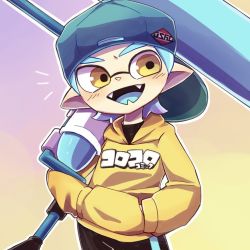 Rule 34 | 1boy, backwards hat, bad id, bad pixiv id, baseball cap, black shorts, blue hair, brown eyes, fangs, gradient background, hands in pockets, hat, highres, holding, holding weapon, hood, hoodie, inkling, inkling boy, inkling player character, long sleeves, male focus, masa0003, monster boy, multicolored background, nintendo, open mouth, pointy ears, short hair, shorts, single vertical stripe, smile, solo, splat roller (splatoon), splatoon (series), splatoon 1, standing, tentacle hair, weapon