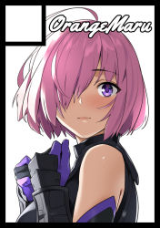 Rule 34 | 1girl, ahoge, arm guards, bare shoulders, black border, blush, border, breasts, circle cut, clenched hands, closed mouth, commentary request, elbow gloves, fate/grand order, fate (series), gloves, hair over one eye, hands on own chest, mash kyrielight, medium breasts, purple eyes, purple gloves, short hair, simple background, smile, solo, vambraces, white background, yd (orange maru)