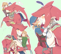 Rule 34 | 1boy, 1girl, archaic set (zelda), blonde hair, blush, breasts, colored skin, fish boy, from side, genderswap, genderswap (mtf), grey background, grin, hair ribbon, happy, hetero, highres, hug, large breasts, link, looking at another, multiple views, nintendo, open mouth, ponytail, red skin, ribbon, royal guard set (zelda), sidon, simple background, smile, snowquill set (zelda), teeth, the legend of zelda, the legend of zelda: breath of the wild, tress ribbon, ttanuu., wide sleeves, zora