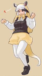 Rule 34 | 1girl, absurdres, anteater ears, anteater tail, black footwear, blonde hair, blush, bow, bowtie, brown eyes, brown hair, brown vest, center frills, extra ears, frills, highres, kemono friends, loafers, long hair, long sleeves, multicolored hair, northern tamandua (kemono friends), pantyhose, pantyhose under shorts, shoes, short shorts, shorts, solo, sweater, toriny, vest, white hair, white pantyhose, white sweater, yellow bow, yellow bowtie