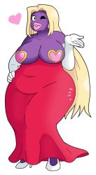 Rule 34 | 1girl, artist request, blonde hair, breasts, colored skin, creatures (company), dress, elbow gloves, fat, game freak, gen 1 pokemon, gloves, heart, high heels, jynx, large breasts, lips, looking at viewer, nintendo, one eye closed, pasties, pokemon, pokemon (creature), purple skin, thick lips, topless, wide hips, wink