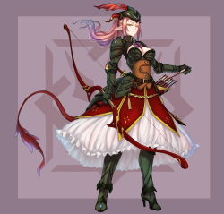 Rule 34 | 1girl, armor, armored boots, arrow (projectile), belt, boots, bow, bow (weapon), cleavage cutout, clothing cutout, dress, elf, hat, pauldrons, pink hair, pixiv fantasia, pixiv fantasia 5, pointy ears, ponytail, quiver, ryuuzaki ichi, shoulder armor, solo, weapon, yellow eyes