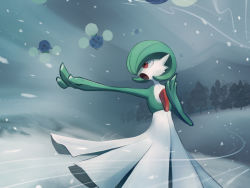 Rule 34 | blizzard, commentary request, creatures (company), flying, game freak, gardevoir, gen 2 pokemon, gen 3 pokemon, guodon, hand up, jumpluff, nintendo, open mouth, outdoors, outstretched arm, pokemon, pokemon (creature), red eyes, smile, snow, snowing, standing, tongue, tree