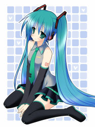 Rule 34 | 1girl, aqua hair, bad id, bad pixiv id, boots, detached sleeves, female focus, full body, green eyes, hatsune miku, headset, long hair, necktie, rionoil, sitting, skirt, smile, solo, thigh boots, thighhighs, twintails, very long hair, vocaloid, wariza