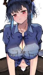 Rule 34 | ..., 1girl, arknights, black pants, blue hair, blue shirt, blush, breasts, ch&#039;en (after storm) (arknights), ch&#039;en (arknights), cleavage, closed mouth, collarbone, collared shirt, commentary request, cowboy shot, dragon girl, dragon horns, dragon tail, highres, horns, kyuu (plastic night q), large breasts, long hair, looking at viewer, midriff, navel, official alternate costume, panties, pants, partially unzipped, pocket, police, police uniform, policewoman, red eyes, shirt, shirt rolled up, sidelocks, simple background, solo, sweat, tail, underwear, uniform, white background, white panties, zipper