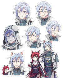 Rule 34 | 1boy, 1girl, blue hair, blush, celis ortesia, chibi, closed eyes, closed mouth, collar, earrings, eiyuu densetsu, eyebrows, falcom, fingerless gloves, frown, gloves, hair between eyes, happy, high collar, highres, hood, japanese text, jewelry, kuro no kiseki, long hair, looking at viewer, medallion, multiple views, open mouth, parted lips, red hair, rion balthazar, short hair, simple background, sweat, white background