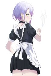 Rule 34 | 1girl, alternate costume, alternate hair length, alternate hairstyle, apron, between fingers, black choker, black dress, choker, cigarette, closed mouth, commentary, cowboy shot, cross, cross earrings, dress, ear piercing, earrings, enmaided, expressionless, eyelashes, eyeshadow, from behind, green eyes, highres, hiragi 1014, holding, holding cigarette, hololive, jewelry, looking at viewer, looking back, maid, maid apron, makeup, piercing, pleated dress, purple eyeshadow, purple hair, short hair, short sleeves, simple background, smoking, solo, standing, tokoyami towa, virtual youtuber, white apron, white background