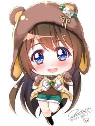 Rule 34 | 1girl, animal ears, animal hands, animal hood, aqua eyes, artist name, artist request, bare legs, bare shoulders, bear ears, blue eyes, blush, bow, breasts, brown bow, brown dress, brown footwear, brown hair, brown jacket, brown legwear, brown sweater, chibi, clothing cutout, collarbone, dated, dress, exciting animal (love live!), female focus, flower, frilled dress, frills, full body, fur-trimmed pants, fur-trimmed shorts, fur trim, gloves, green pants, green shorts, hair between eyes, high heels, highres, hood, hooded jacket, hooded sweater, jacket, light brown jacket, light brown sweater, long hair, long sleeves, looking at viewer, love live!, love live! nijigasaki high school idol club, love live! school idol festival, love live! school idol festival all stars, osaka shizuku, pants, parted lips, paw gloves, polka dot, polka dot bow, polka dot legwear, ponytail, ribbon, shoes, short pants, short shorts, short sleeves, shorts, shoulder cutout, small breasts, smile, solo, standing, standing on one leg, sweater, white background, white bow, white flower, yellow ribbon