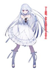 Rule 34 | 10s, 1girl, breasts, choker, cleavage, collair (cono), collarbone, date a live, detached sleeves, dress, empty (date a live), floating hair, full body, highres, kneehighs, long hair, looking at viewer, noco (adamas), red eyes, ribbon, silver hair, simple background, sleeveless, sleeveless dress, small breasts, smile, socks, solo, standing, strapless, strapless dress, very long hair, white background, white dress, white socks, white ribbon
