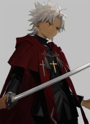 Rule 34 | amakusa shirou (fate), bad id, bad tumblr id, black jacket, cape, closed mouth, cross, cross necklace, dark skin, dark-skinned male, earrings, fate/apocrypha, fate (series), grey background, hirota tsuu, holding, holding sword, holding weapon, jacket, jewelry, light smile, long sleeves, male focus, necklace, red cape, silver hair, simple background, sword, tassel, upper body, weapon, yellow eyes