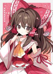 Rule 34 | 1girl, ascot, blush, border, bow, brown eyes, brown hair, closed mouth, cowboy shot, detached sleeves, dress, frilled hair tubes, frilled shirt collar, frills, hair bow, hair tubes, hakurei reimu, highres, long hair, miko day, red background, red bow, red dress, red shirt, shirocha tei, shirt, sleeveless, sleeveless shirt, solo, touhou, twitter username, white border, yellow ascot