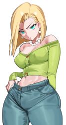 Rule 34 | 1girl, absurdres, android 18, aqua eyes, bare shoulders, blonde hair, breasts, buttons, closed eyes, covered erect nipples, crop top, denim, dragon ball, dragonball z, earrings, green shirt, highres, jeans, jewelry, looking at viewer, medium breasts, midriff, navel, necklace, nia (nia4294), off-shoulder shirt, off shoulder, pants, pearl necklace, shirt, simple background, solo, white background