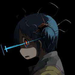 Rule 34 | 1girl, black background, blue eyes, blue hair, cable, commentary, drooling, glowing, glowing eye, cube hair ornament, hair ornament, light beam, looking at viewer, matching hair/eyes, naganohara mio, nichijou, nishimura (prism engine), open mouth, red eyes, short hair, solo, twintails